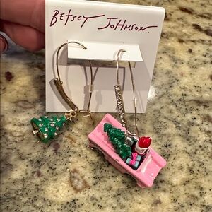 Betsey Johnson Santa Pink Cadillac Car Christmas Tree Mismatch Earrings